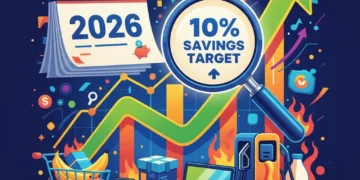 Financial graph showing rising prices with consumer goods and a target to save 10% in 2026.
