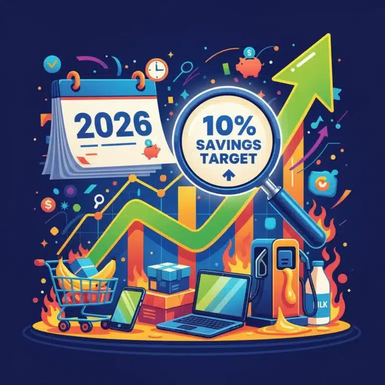 Financial graph showing rising prices with consumer goods and a target to save 10% in 2026.