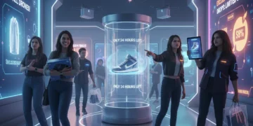 Modern retail store with digital urgency displays and engaged shoppers in 2026