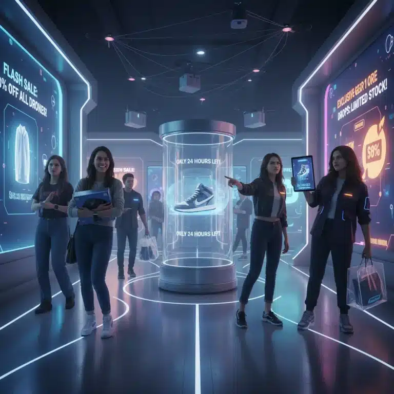 Modern retail store with digital urgency displays and engaged shoppers in 2026