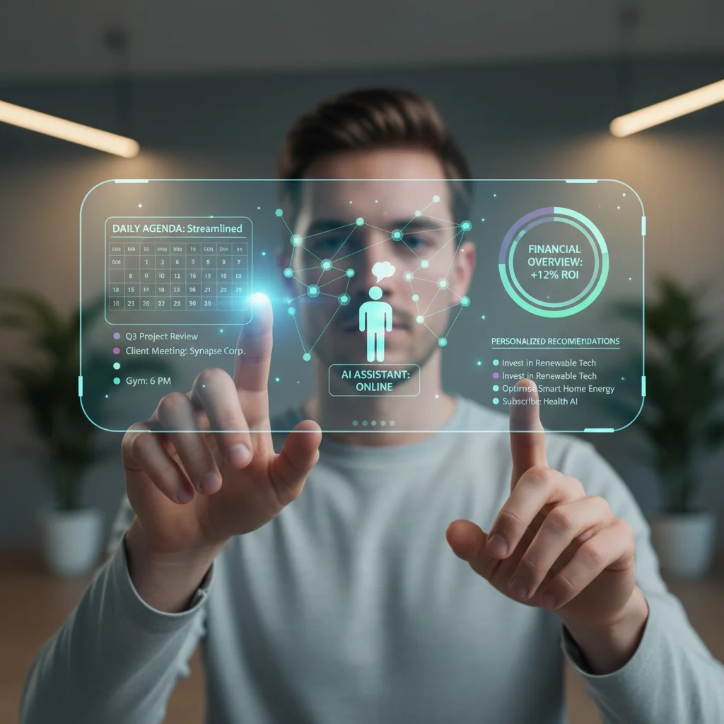 Person interacting with AI holographic interface for daily tasks