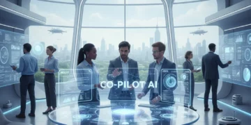 Professionals using advanced AI tools in a modern office to boost productivity and streamline operations.