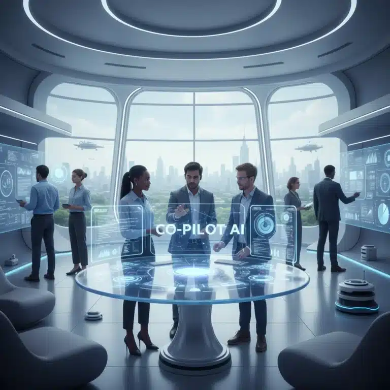 Professionals using advanced AI tools in a modern office to boost productivity and streamline operations.