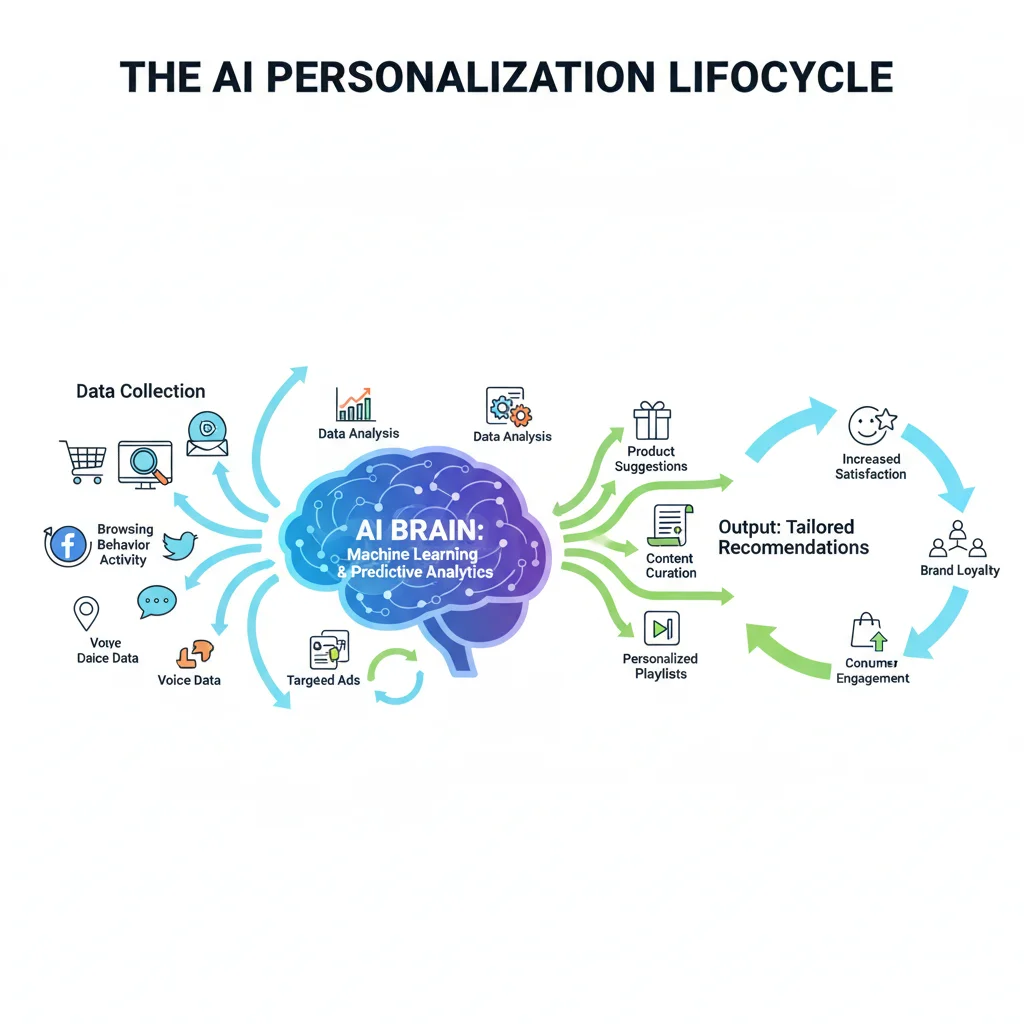 Infographic showing AI-driven personalization cycle, data analysis, and tailored consumer experiences.