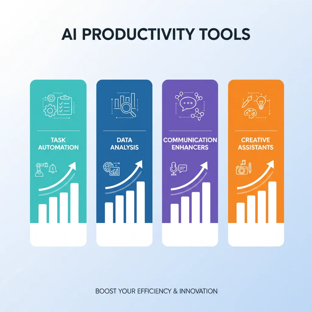 Infographic depicting diverse categories of AI productivity tools for enhanced business efficiency.