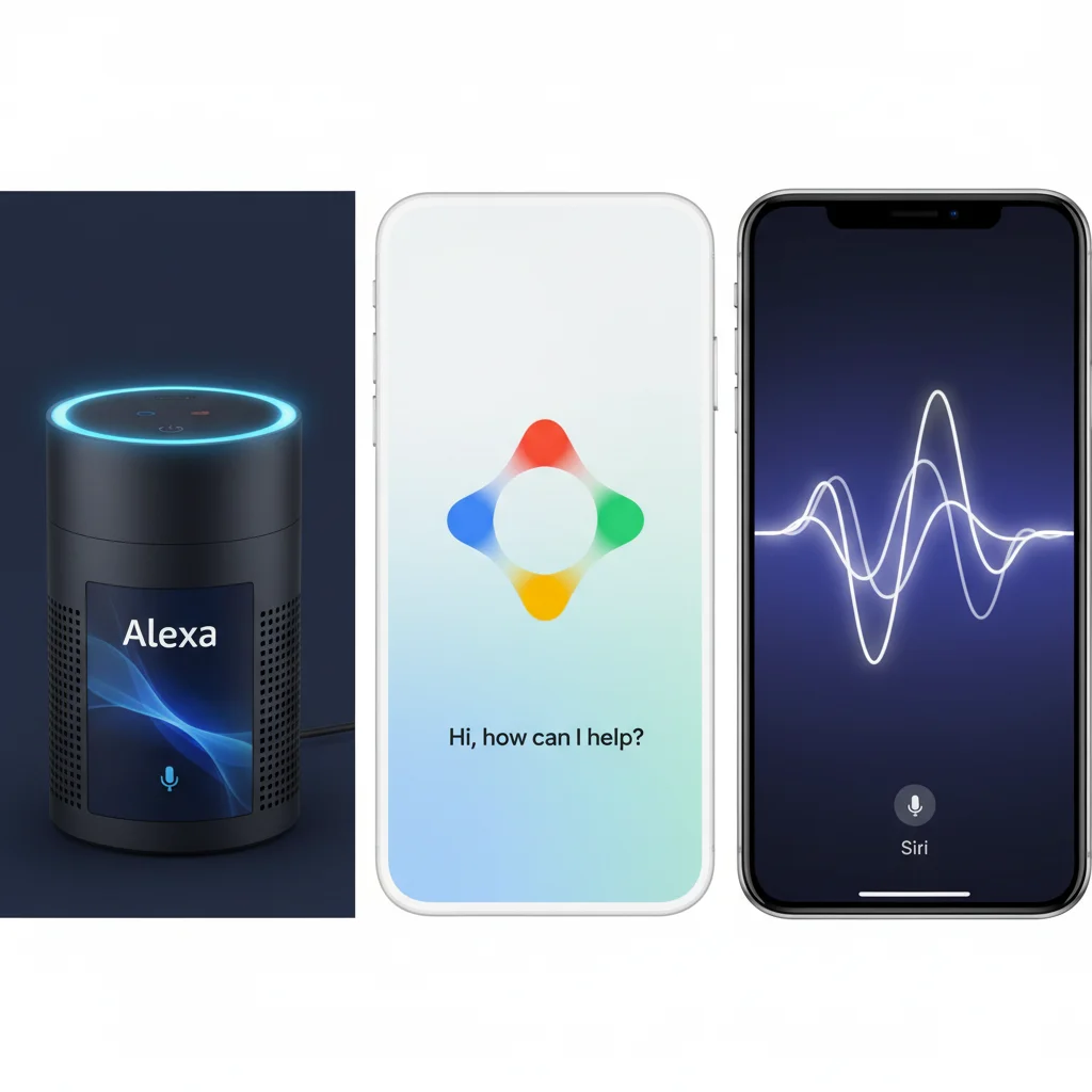 Visual comparison of Amazon Alexa, Google Assistant, and Apple Siri interfaces