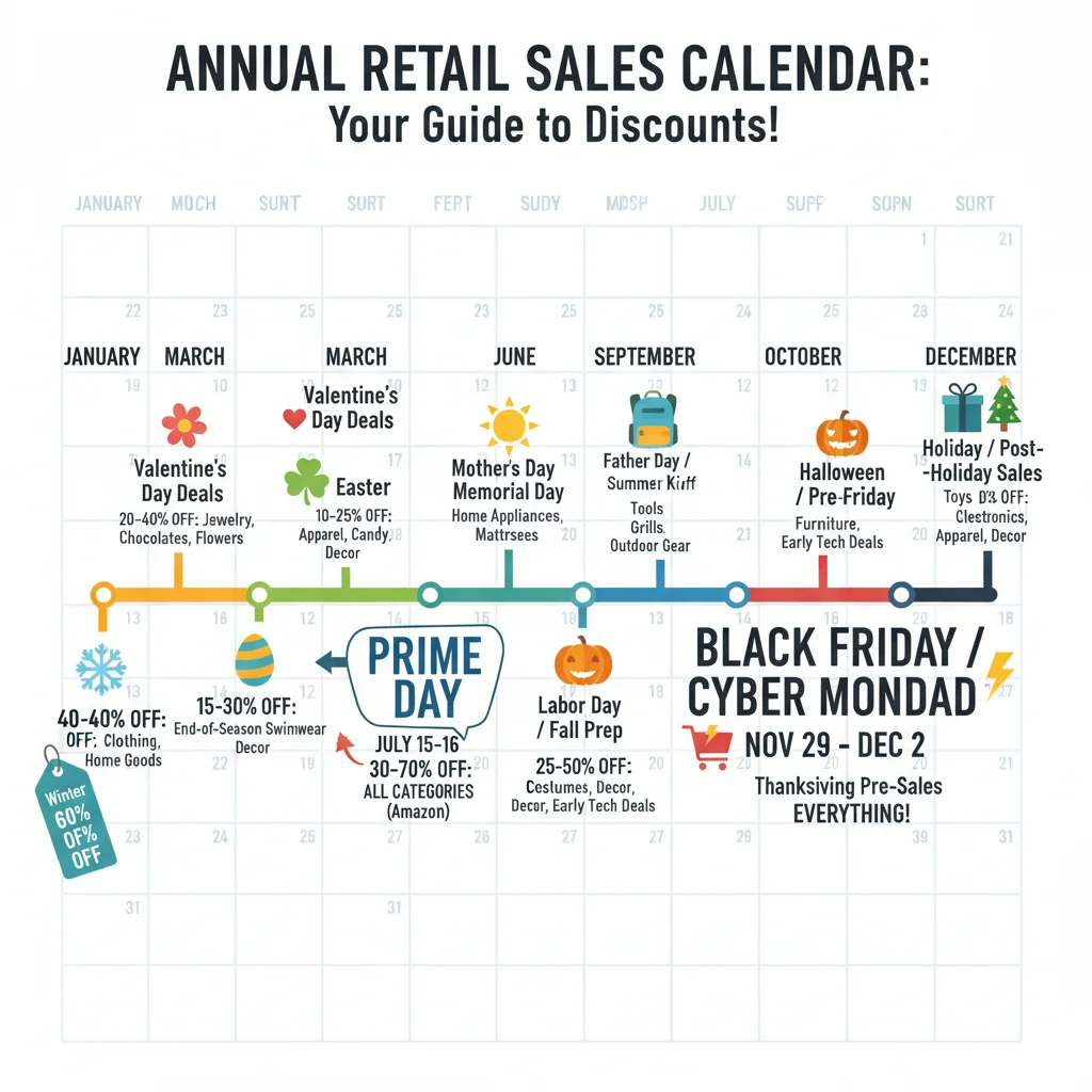 Infographic displaying annual sale event timeline and potential savings percentages.