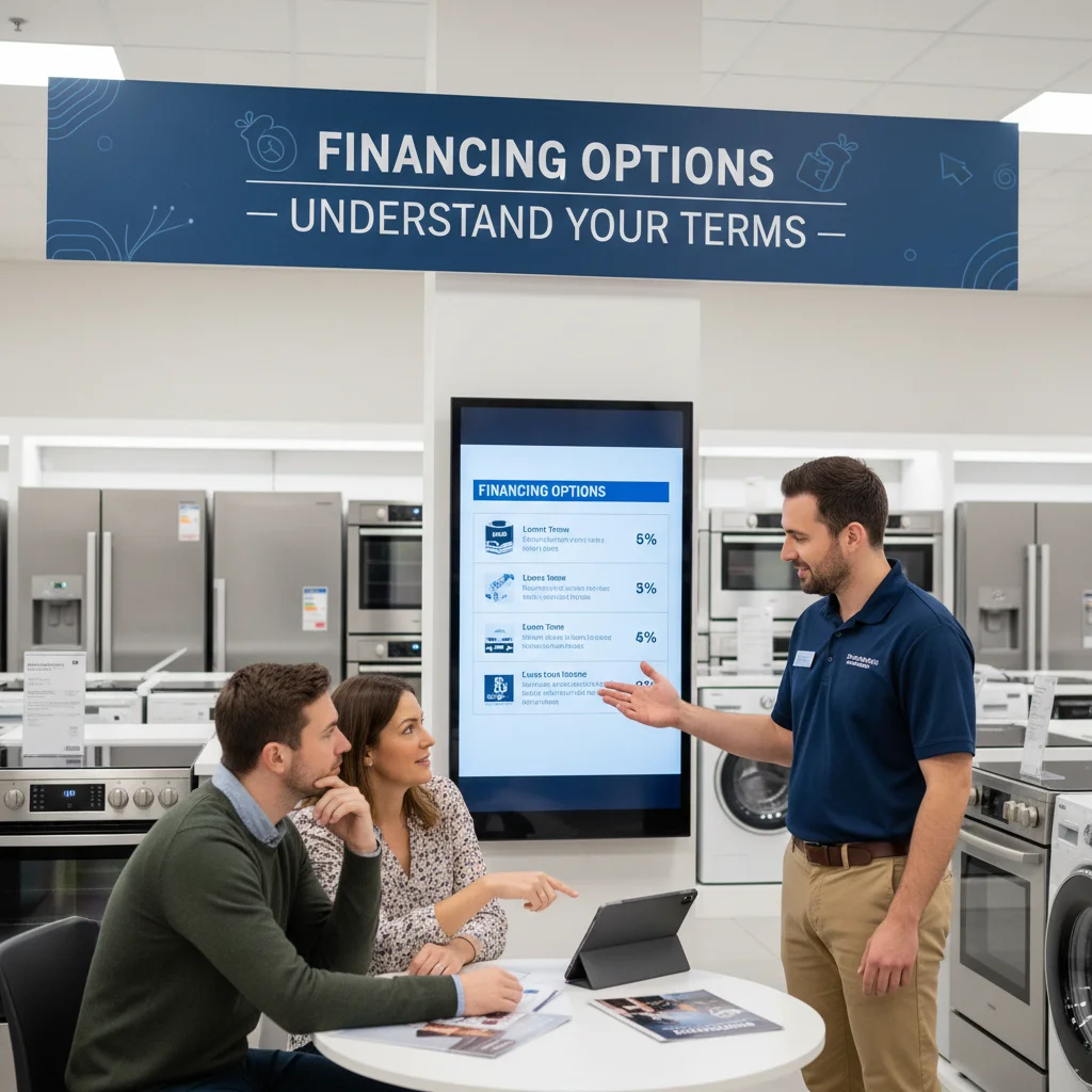 Couple discussing appliance financing with salesperson, illustrating financial planning for big purchases.