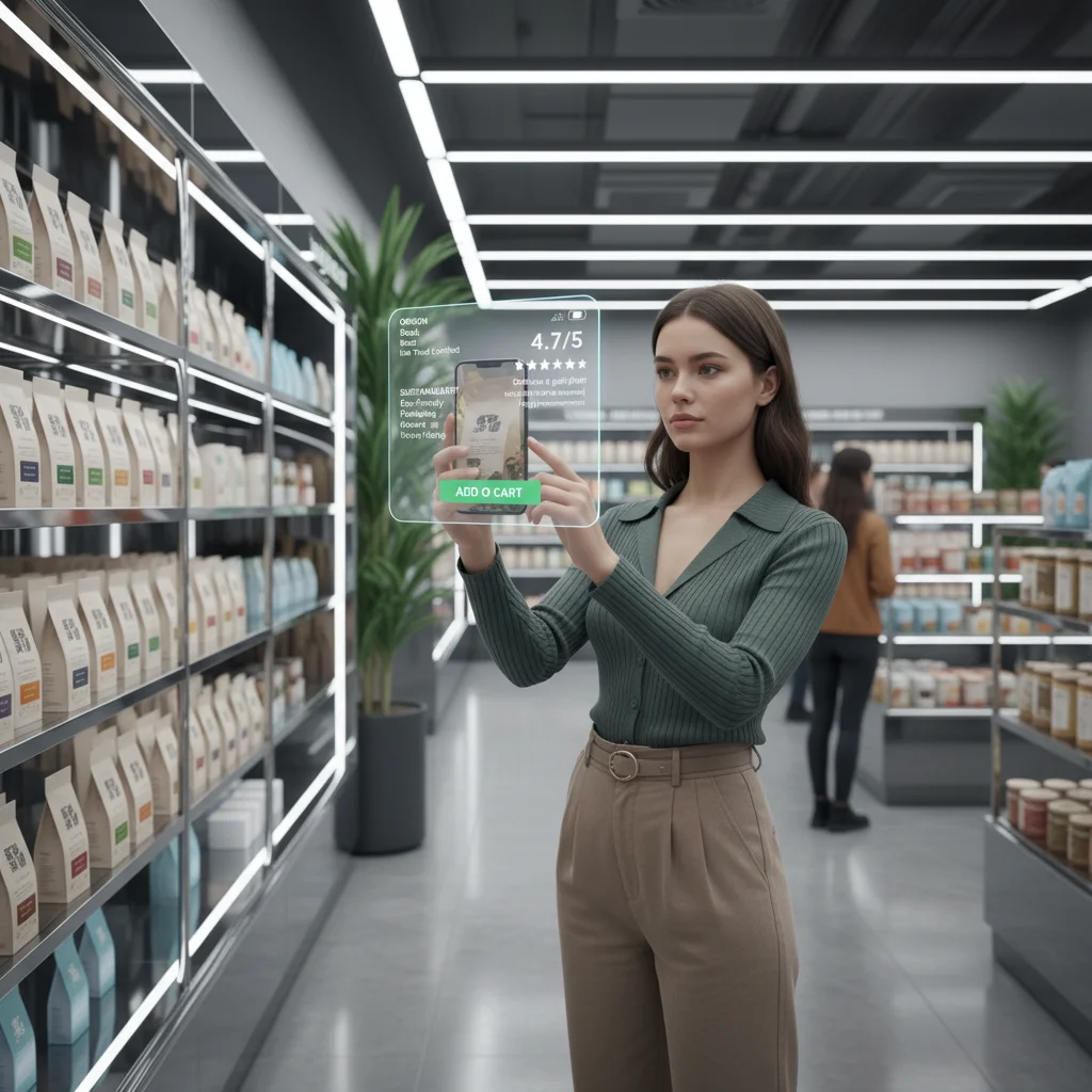 Consumer using AR to check product details and sustainability in a modern store.