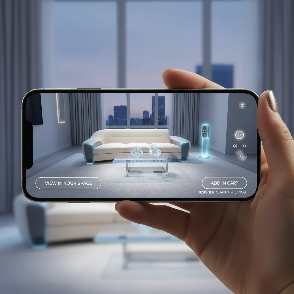 Augmented reality shopping experience on a smartphone, blending virtual products with the real world.