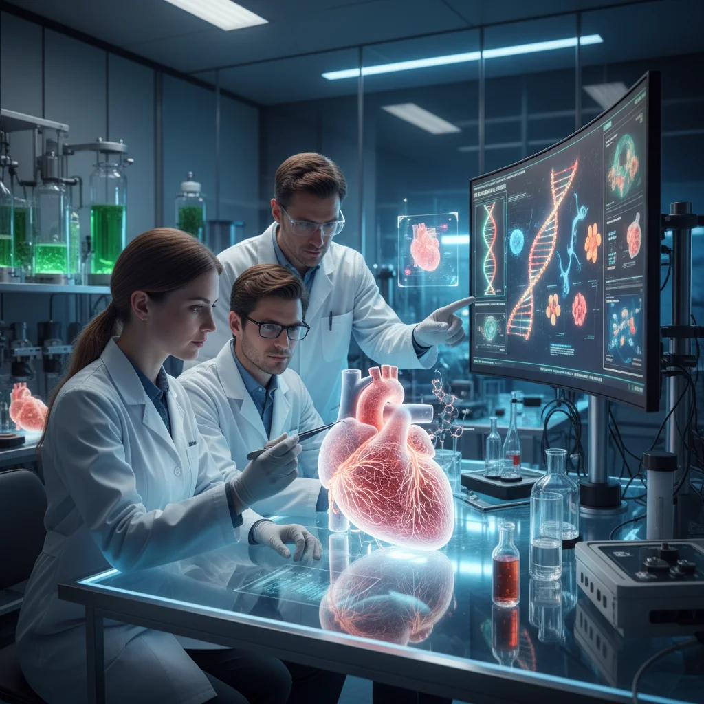 Scientists examining 3D-printed organ in biotechnology lab