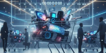 Black Friday 2026 shopping cart filled with discounted electronics and home goods, emphasizing smart savings and future planning.