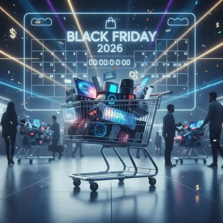 Black Friday 2026 shopping cart filled with discounted electronics and home goods, emphasizing smart savings and future planning.