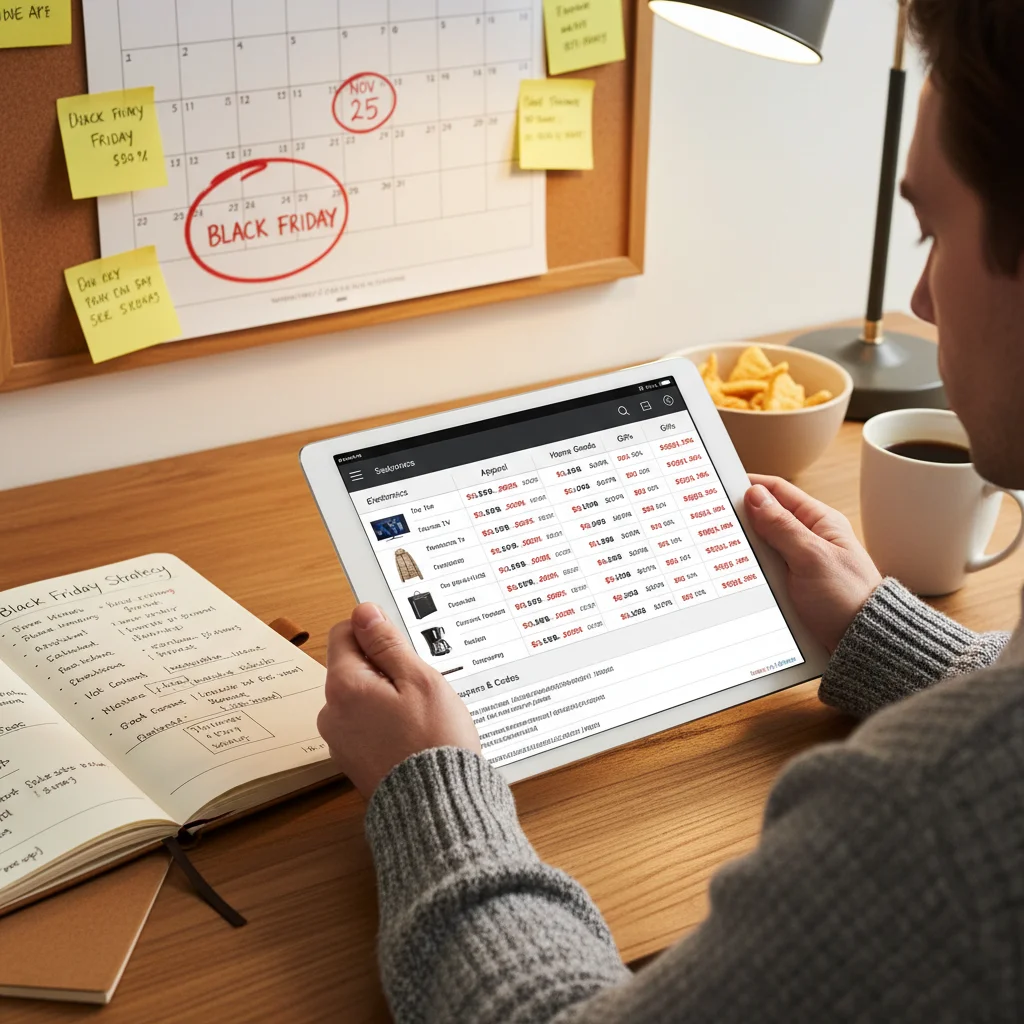 Person planning Black Friday 2026 purchases on a tablet, comparing prices and making a strategic shopping list.
