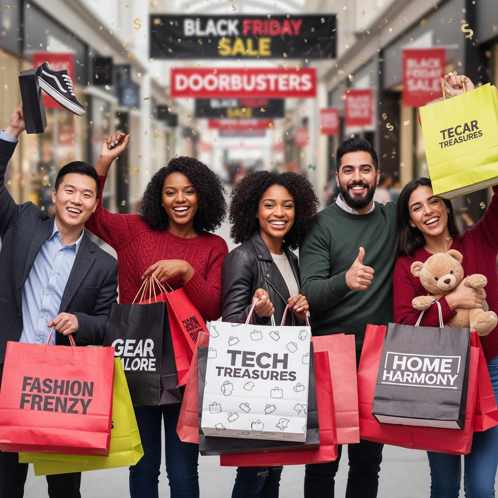 Happy shoppers celebrating their successful Black Friday 2026 deals with bags of discounted items.