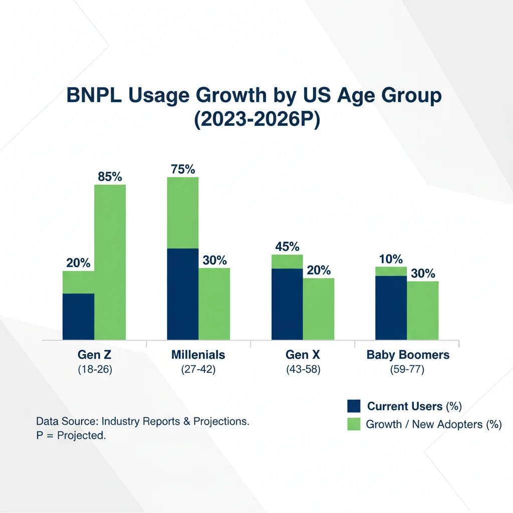 Infographic showing the growth of Buy Now, Pay Later usage across US age demographics from 2023 to 2026, highlighting generational adoption rates.