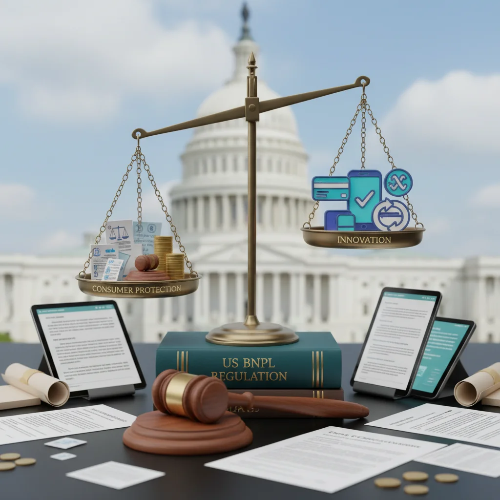 Conceptual image depicting the regulatory balance between consumer protection and financial innovation in the US Buy Now, Pay Later market, with legal and digital elements.