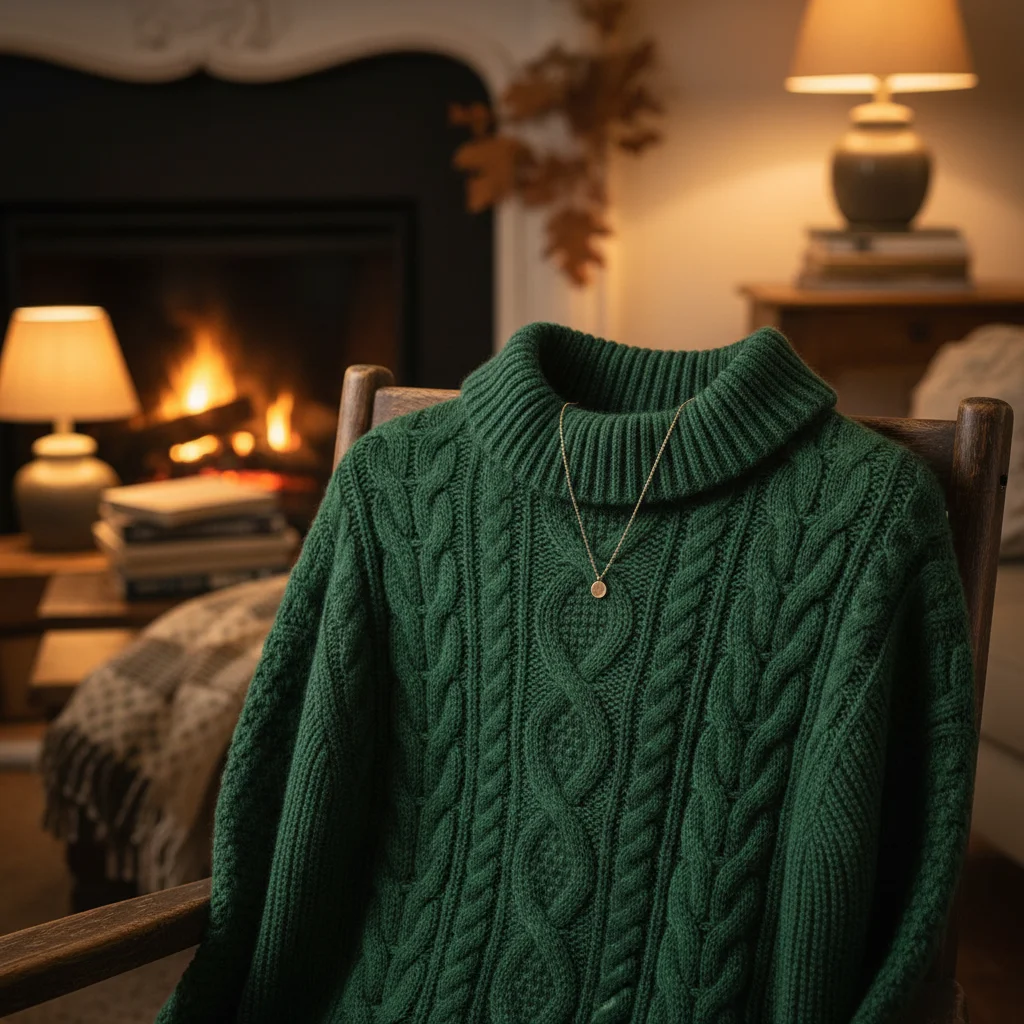 Close-up of a luxurious forest green cashmere knit sweater, emphasizing texture and warmth