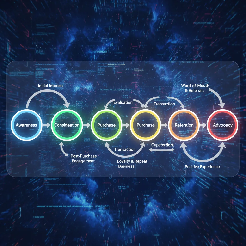 Diagram of the consumer journey stages: awareness, consideration, purchase, retention, advocacy.