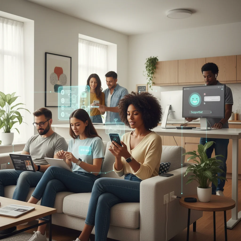 Consumers interacting with AI through smart devices for personalized recommendations and services.