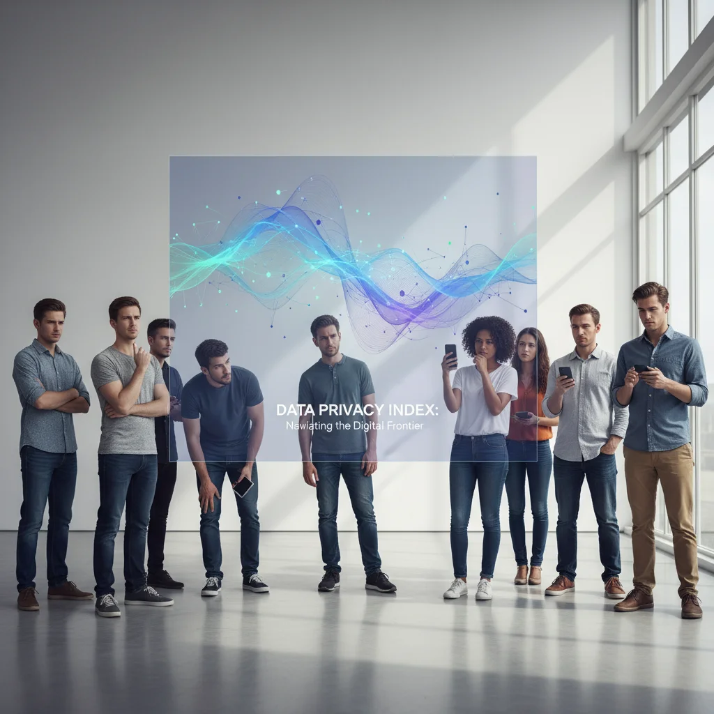 Consumers thoughtfully interacting with digital data, representing evolving attitudes towards privacy and trust.