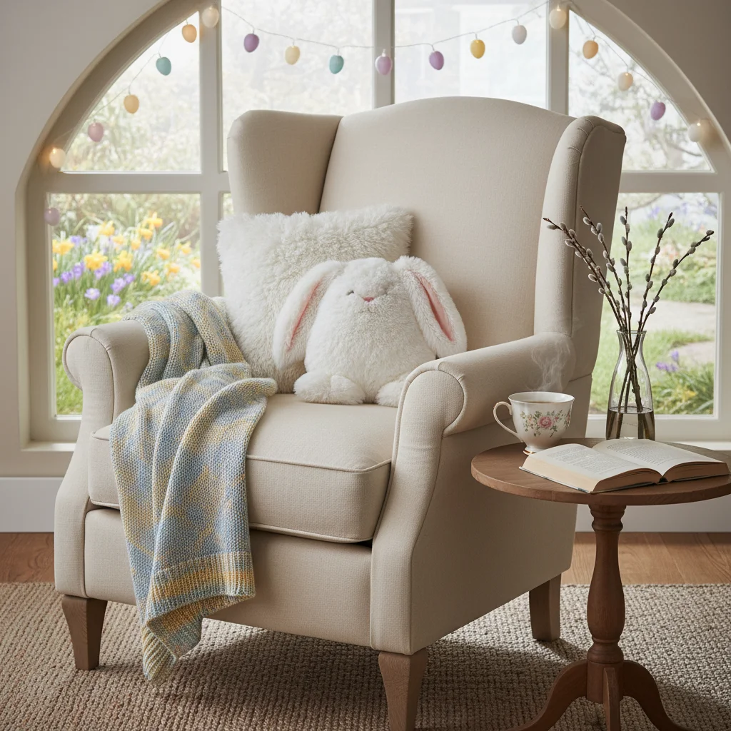 Cozy Easter-themed reading nook with bunny pillow and subtle spring accents