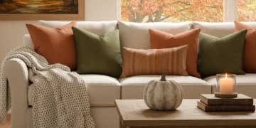 Cozy fall living room with warm decor, throw pillows, and candles.