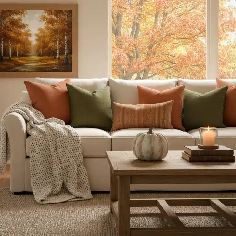 Cozy fall living room with warm decor, throw pillows, and candles.