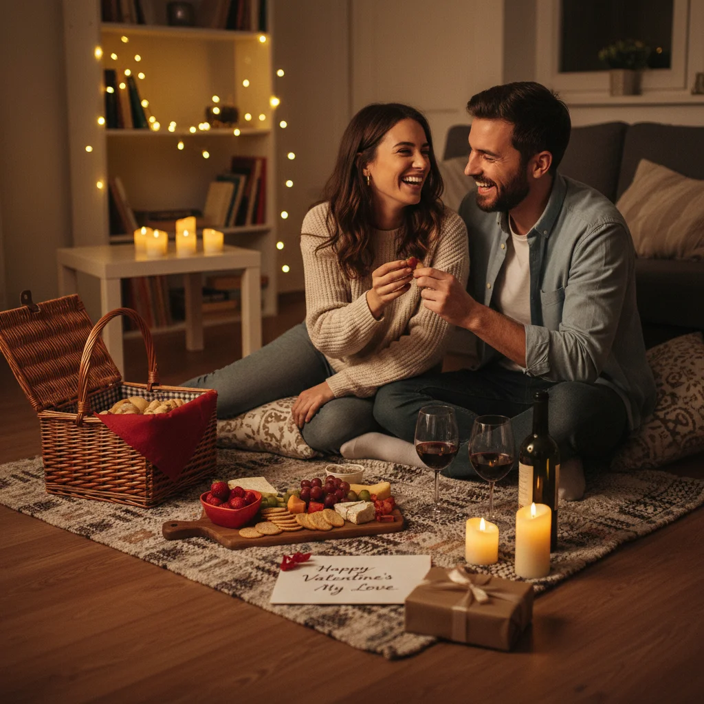 Couple enjoying a romantic indoor picnic, a thoughtful Valentine's Day experience.