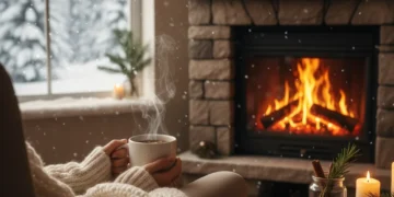 Cozy winter scene with mug, blanket, and fireplace for wellness