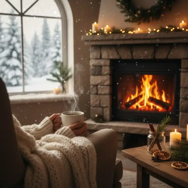 Cozy winter scene with mug, blanket, and fireplace for wellness