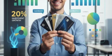 Person smiling, holding credit cards with a digital overlay of financial rewards percentage.