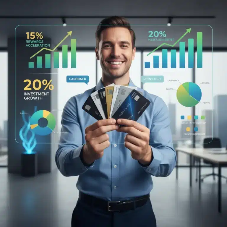 Person smiling, holding credit cards with a digital overlay of financial rewards percentage.