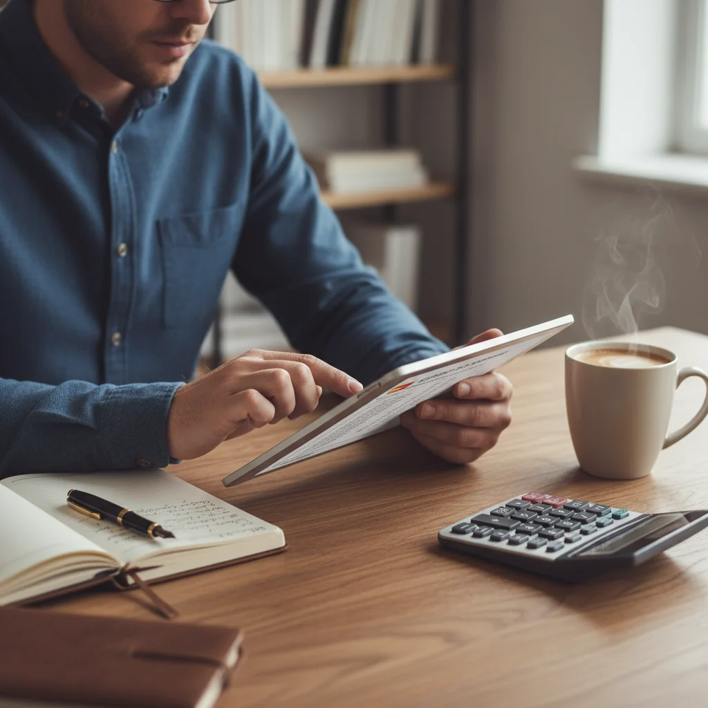 Person reviewing credit card statement on a tablet, focused on expense tracking.