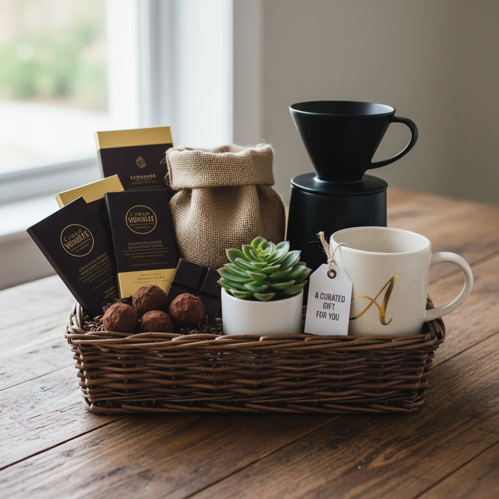 Custom gift basket with artisanal chocolates, coffee, and a succulent for Valentine's Day.