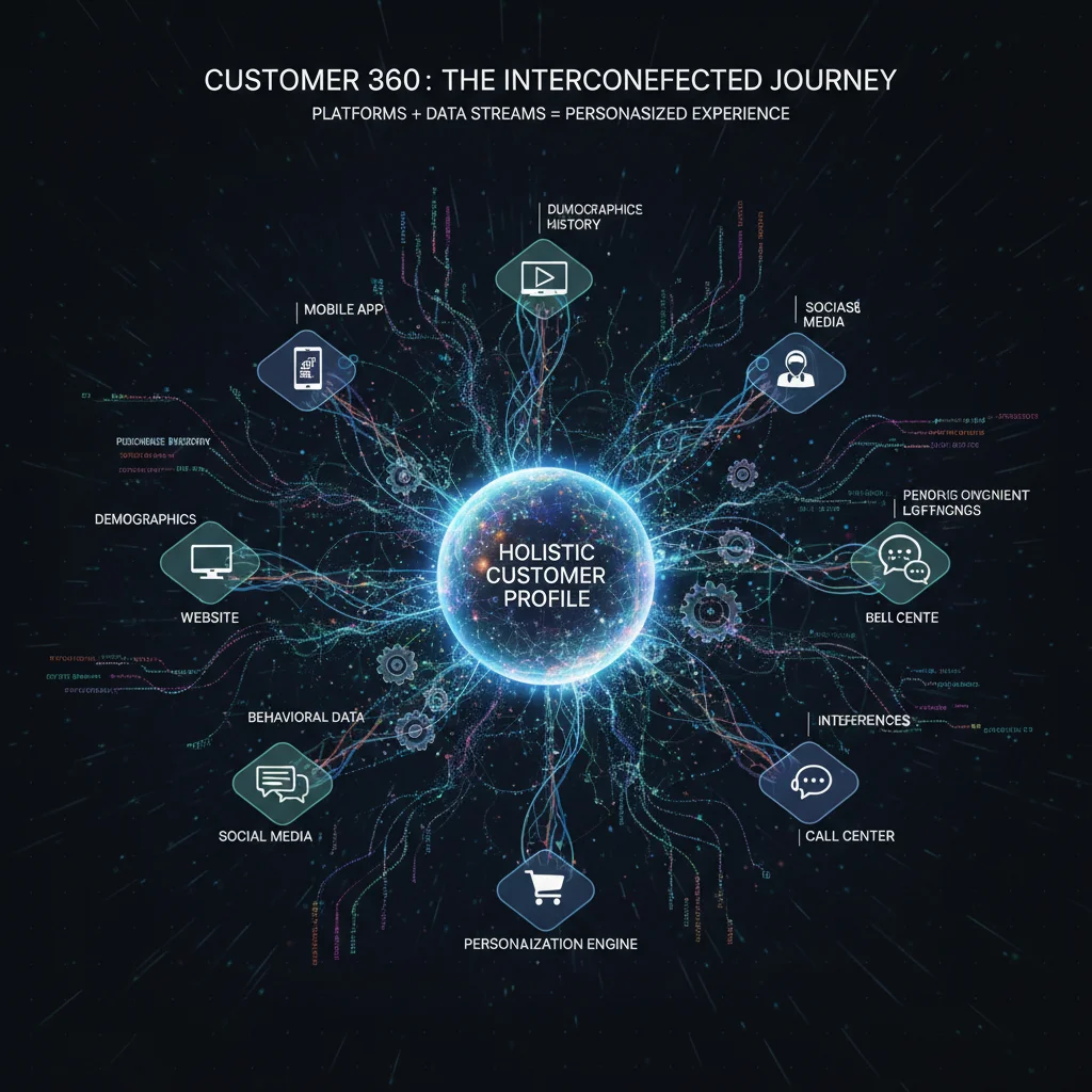 Complex data streams forming a comprehensive customer profile for personalization.