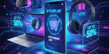 Cyber Monday 2026 tech deals with various electronics and discount tags