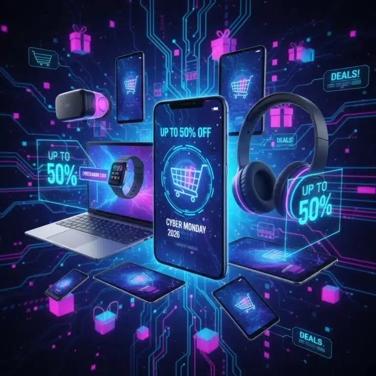 Cyber Monday 2026 tech deals with various electronics and discount tags