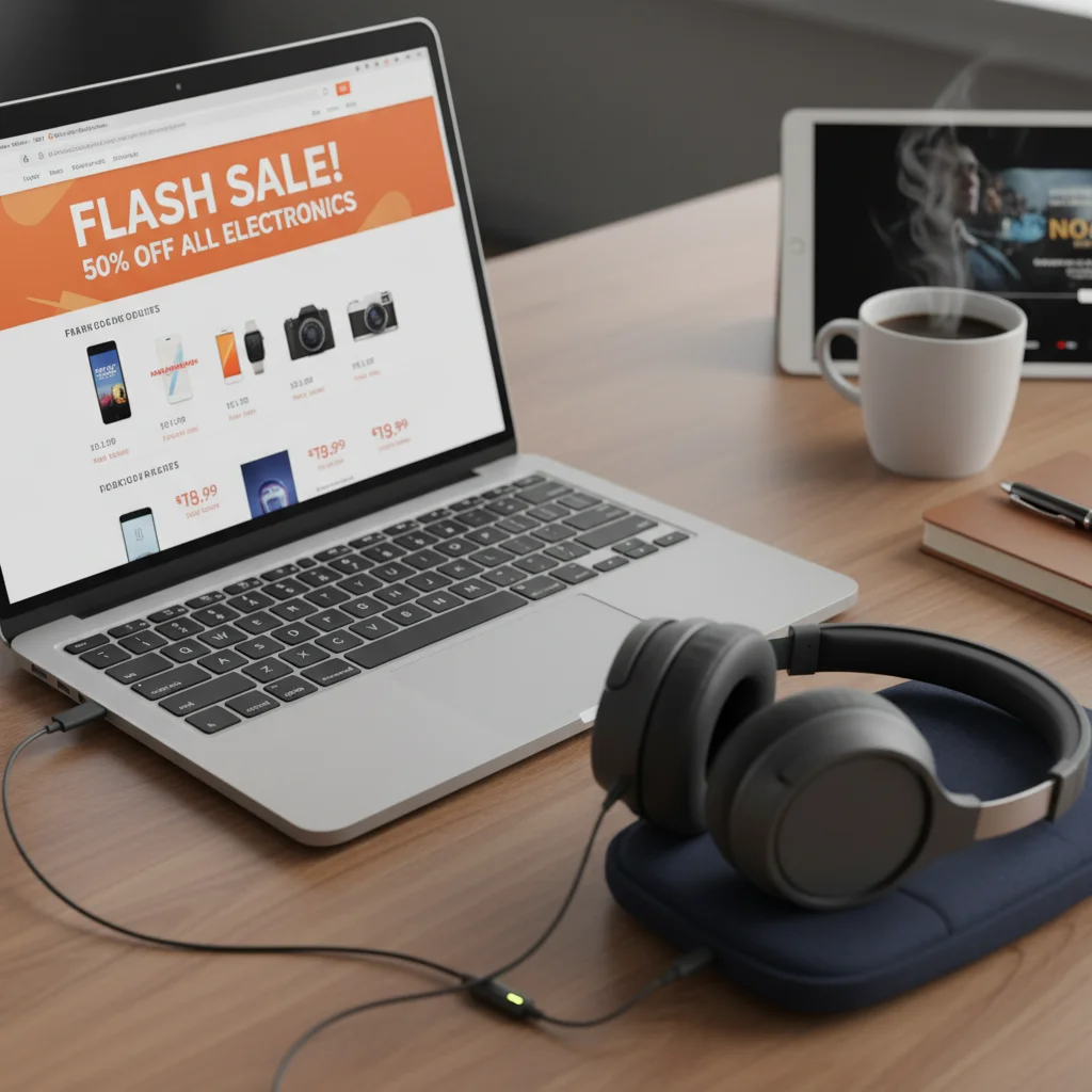 Laptop and headphones on sale during Cyber Monday