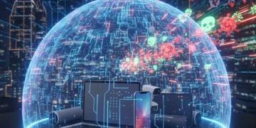 Digital shield protecting consumer devices from cybersecurity threats in 2026.