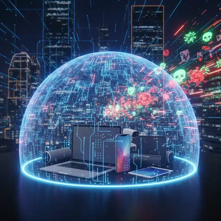 Digital shield protecting consumer devices from cybersecurity threats in 2026.