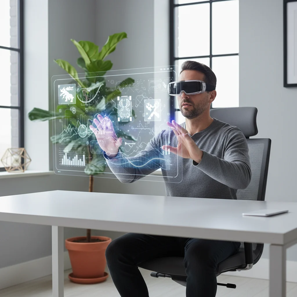 Father using augmented reality glasses for work or entertainment in a modern home office.