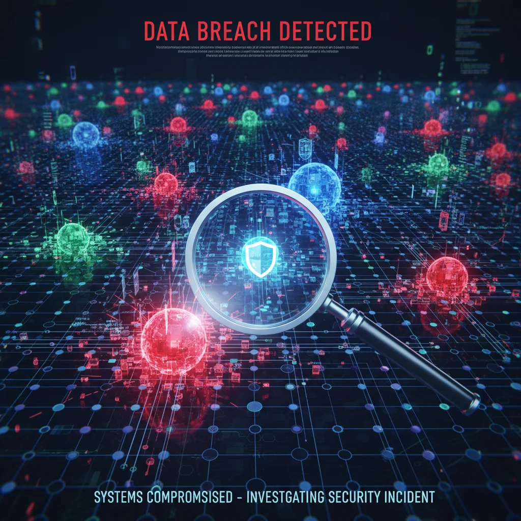 Illustration of a data breach on a complex digital network.