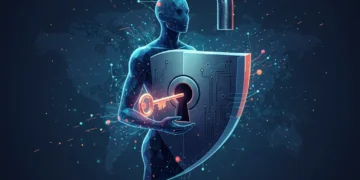 Digital lock icon protecting a human silhouette, symbolizing data privacy and consumer trust in a connected world.
