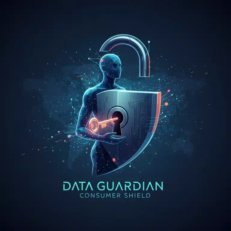 Digital lock icon protecting a human silhouette, symbolizing data privacy and consumer trust in a connected world.