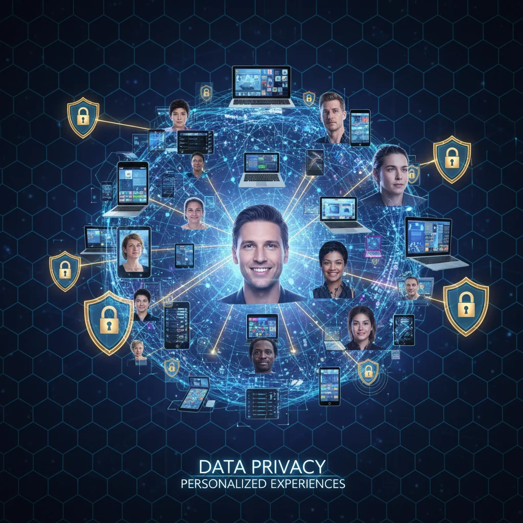 Interconnected digital devices and human faces symbolizing data privacy and personalized experiences.