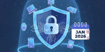 Digital shield protecting personal data with tech device icons and a January 2026 calendar.