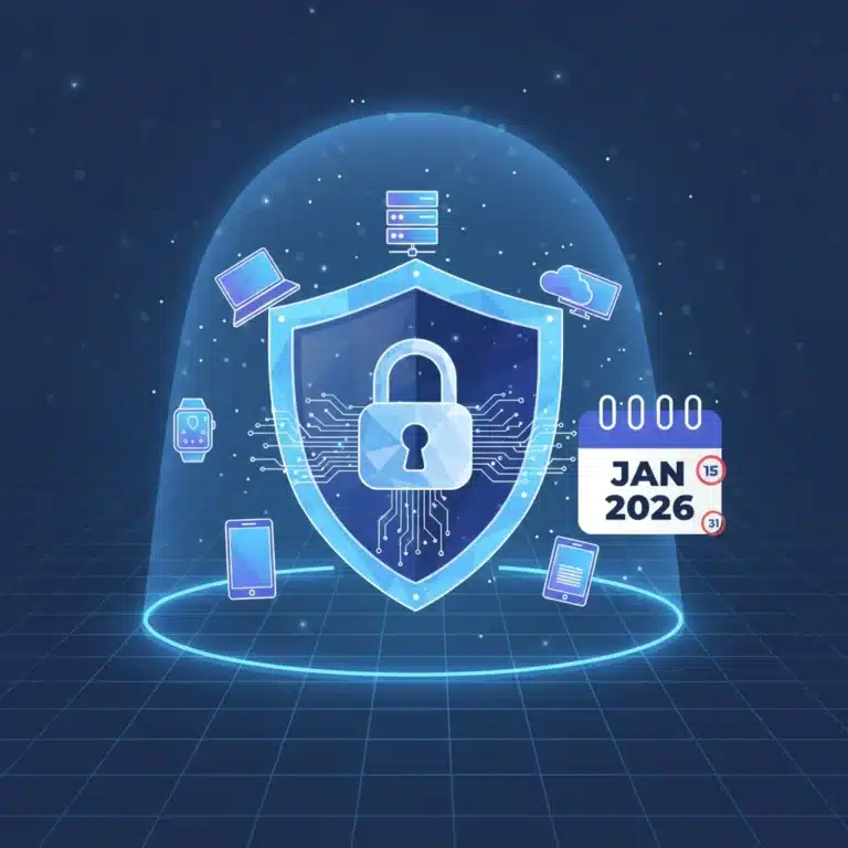 Digital shield protecting personal data with tech device icons and a January 2026 calendar.