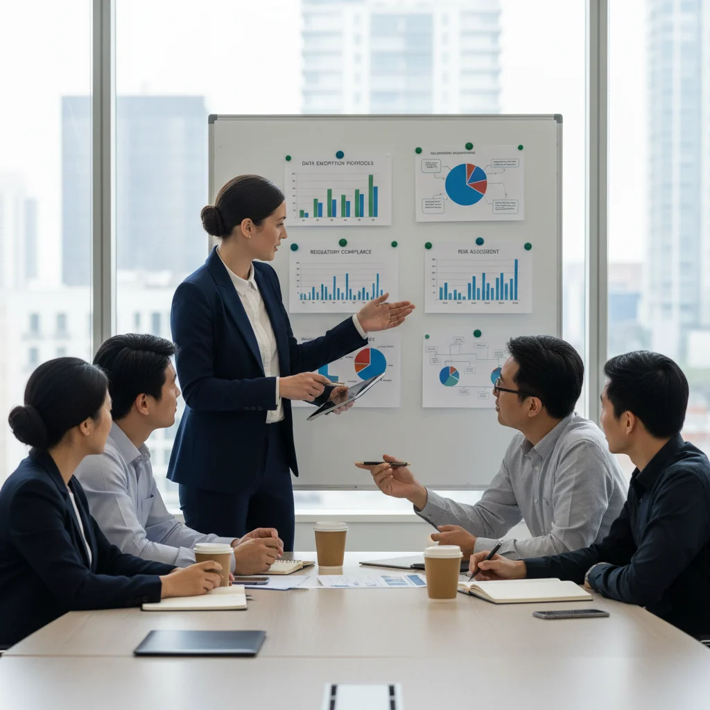 Professionals discussing data security and compliance in an office setting.