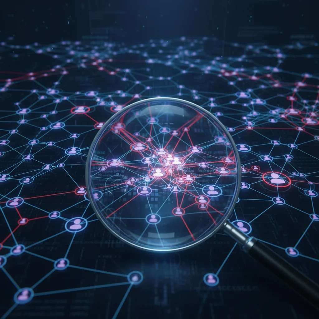 Interconnected data points showing vulnerabilities, magnified to emphasize data privacy concerns.